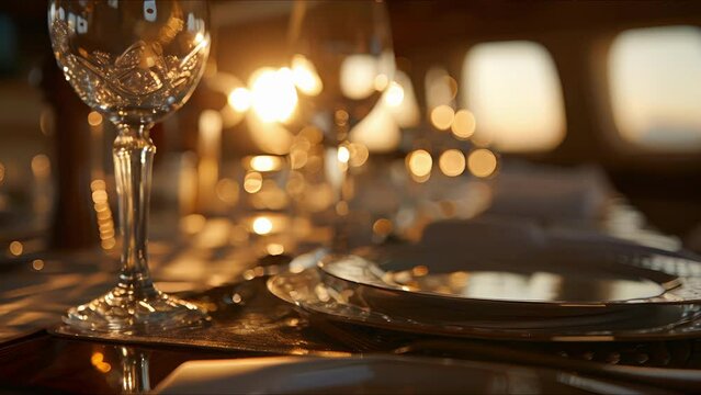 Amidst a breathtaking sunset, a lavish spread of fine dining ware is perfectly arranged in the private jet, adding a touch of elegance to the already upscale atmosphere.