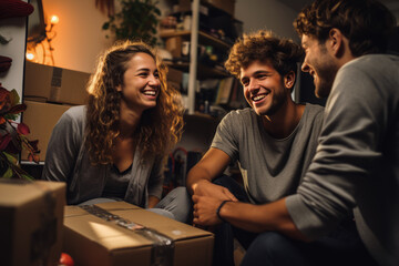 Heartwarming friends taking a break from moving, sitting among unpacked boxes in their new apartment, sharing pizza and stories, creating a cozy and friendly atmosphere