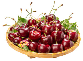 Sweet Red cherry in bamboo basket on white background, Red cherry whih leaf isolate on white PNG File