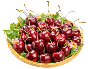 Sweet Red cherry in bamboo basket on white background, Red cherry whih leaf isolate on white PNG File