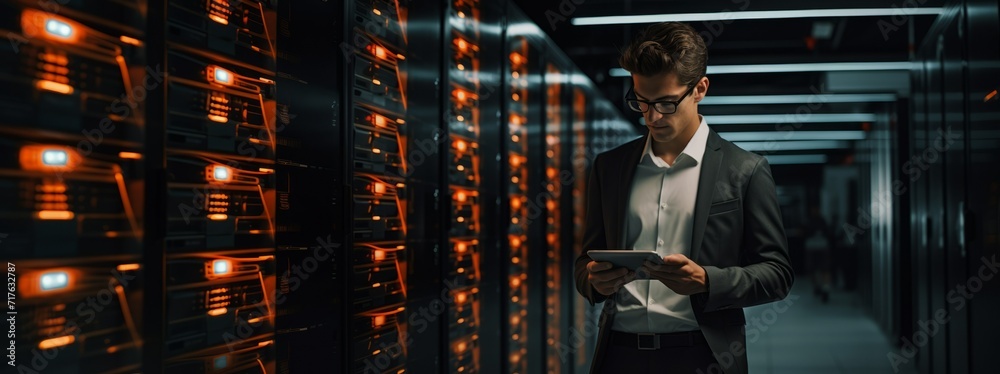 Poster The technical director of the data center is standing in the server room with a laptop in his hands. Information, Cloud Storage, Web Services concepts.
