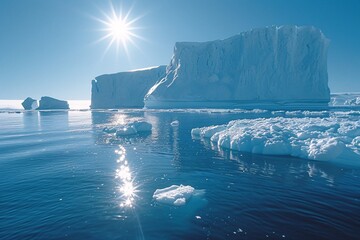 Sunlit Icebergs in the Arctic Ocean Generative AI - obrazy, fototapety, plakaty