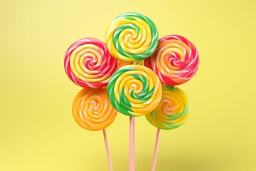 Fototapeta na wymiar Watermelon-Inspired Spiral Lollipops on White Sticks, Bursting with Juicy Colors on an Isolated Yellow Background, Generative AI