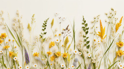 Flat lay of assorted wildflowers with vibrant colors on a white background. - obrazy, fototapety, plakaty