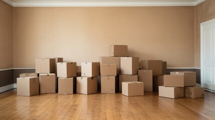 Pile of brown cardboard boxes in a spacious empty room with wooden flooring, indicating relocation.