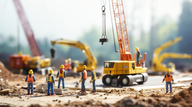 A detailed miniature construction scene showcasing tiny workers and heavy machinery in a realistic setting.