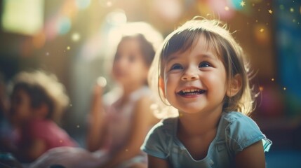 A little girl with a captivating smile, sparkling eyes, and a backdrop of magical lights.