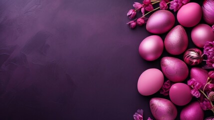 A creative Easter setup with pink painted eggs and delicate flowers on a dark purple background.
