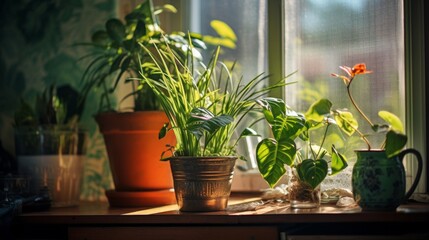 Assorted potted indoor plants on a sunny window sill, basking in the warm sunlight.