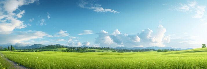 Wide panoramic view of a lush green field under a clear blue sky with fluffy clouds.