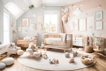 Australian nursery with soft pastel tones, whimsical decor, and plenty of natural light, creating a serene and nurturing environment for the little ones