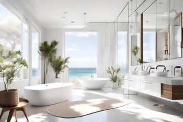 a bright and airy Australian bathroom with clean lines, featuring a freestanding bathtub, large mirrors, and subtle coastal accents, creating a spa-like atmosphere