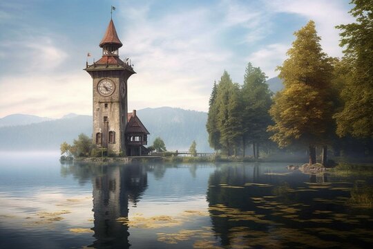 View of the famous clock tower overlooking a serene lake. Generative AI