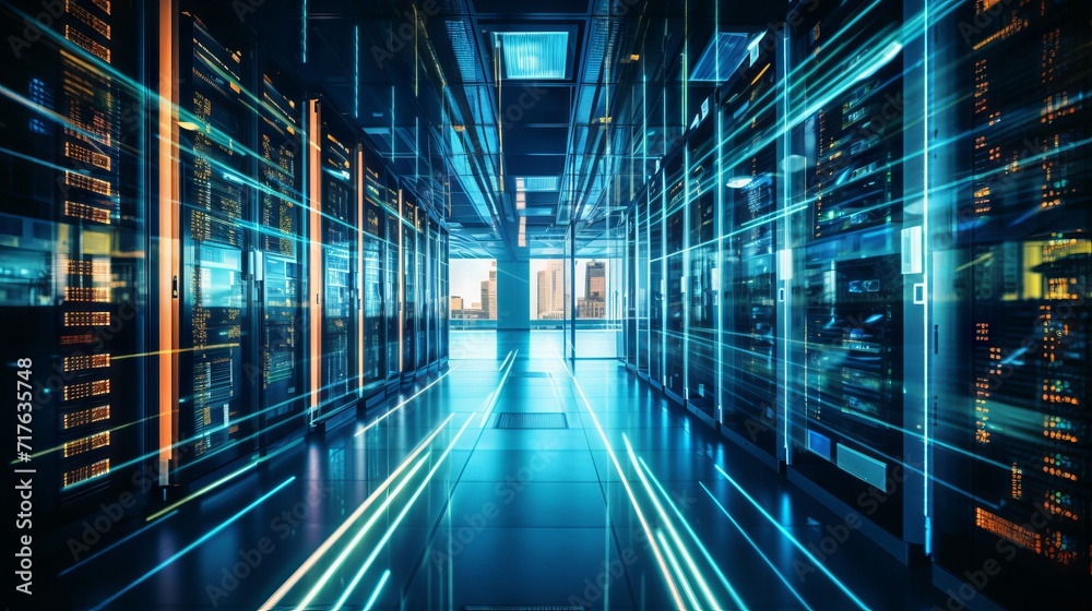Poster A large server room with dark lighting from a high-tech company. Digital Information, Data Center, Cybersecurity, Artificial Intelligence Concepts.