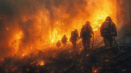 Fototapeta na wymiar Firefighters Battle Blazing Inferno: A Heroic June Moment Generative AI