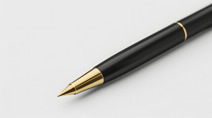 Naklejka premium Elegant fountain pen in black and gold on the white table, pen mockup