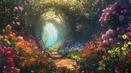 Obraz na płótnie Canvas Enchanting Quantum Garden Pathway: A Lush, Colorful Garden with Blooming Flowers Opening Portals to Different Universes