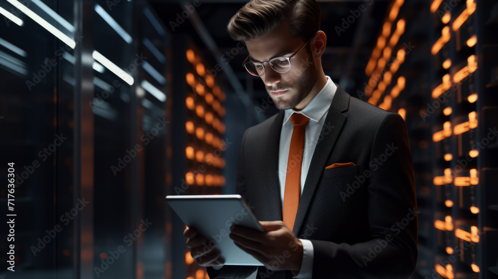 Poster a young male entrepreneur, an it support engineer, working, solving and troubleshooting problems in 