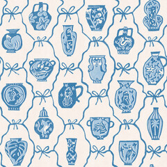 Blue and white pottery seamless pattern toile. High quality illustration - 717636370