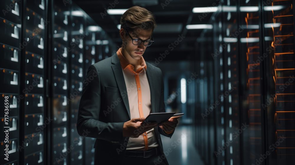Poster an it specialist stands near the operating server racks, uses a tablet for maintenance. the concept 