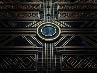Art Deco Abstract geometric composition with golden lines on dark background