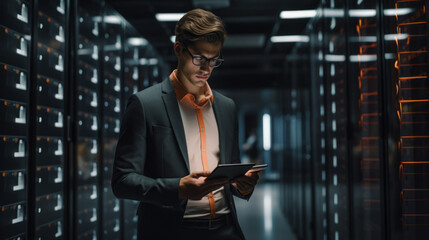 Fototapeta premium An IT specialist stands near the operating server racks, uses a tablet for maintenance. The concept of artificial intelligence, supercomputer, modern telecommunications, cybersecurity.