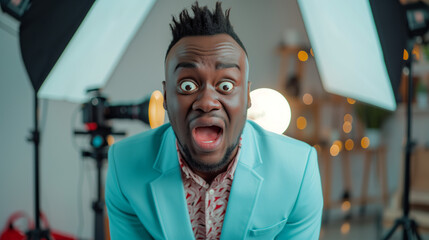 Obraz premium Excited Young Host in Blue Blazer on Set. Charismatic male show host expressing surprise, on a studio set with cameras and lights.