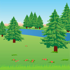 Mountains in the summer. Landscape with green meadow, trees, flowers, river and blue sky. Vector illustration