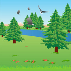 Mountain landscape with green meadow, trees, flowers, river. And eagles flying high in the sky. Vector illustration