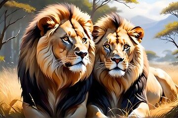 the regal beauty of a pair of lions in their natural habitat with a painterly touch
