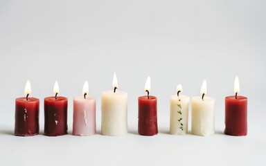 set of isolated candles arranged on a white surface