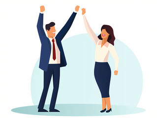 Fototapeta premium Happy Man And Woman Office Workers, A Man And Woman Holding Hands Up