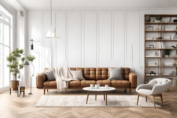 Modern scandianvian living room with design sofa with elegant blanket, coffee table and bookstand on the white wall. Brown wooden parquet. Concept of minimalistic interior. View on dining