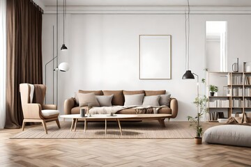 Modern scandianvian living room with design sofa with elegant blanket, coffee table and bookstand on the white wall. Brown wooden parquet. Concept of minimalistic interior. View on dining