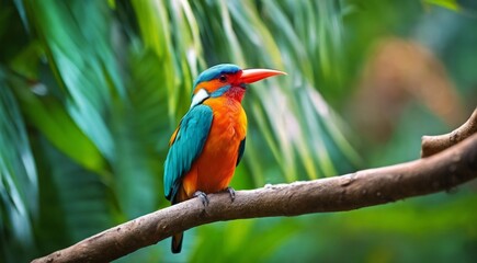 colored beautiful bird sitting on the tree in the jungle, colored wild bird, colored wild bird sitting on the branch of tree in jungle