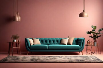 Stylish sofa and carpet on color background.-