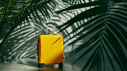 Sale banner with yellow travel suitcase and  tropical palm tree leaves - obrazy, fototapety, plakaty