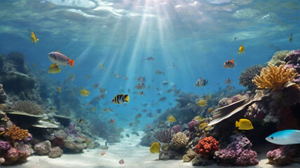 Majestic view of colorful tropical underwater with lots of fishes and coral reefs ,microbial diversity of Pacific ocean under sun rays, clean untouched ecosystem.