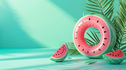 Sale banner with watermelon inflatable ring on pastel color background