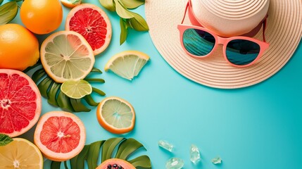 Sale banner with stylish hat, sunglasses and fruits on blue background