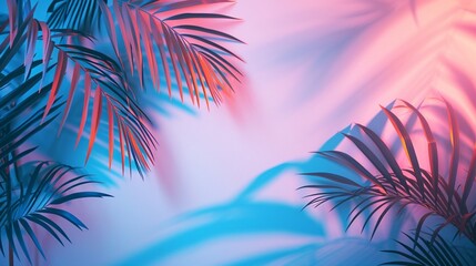 Fototapeta na wymiar Neon tropical palm leaves shadow on white background