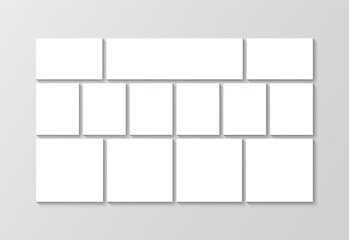 Mosaic pictures frame. Photo collage template. Moodboard grid. Album brandboard. Portfolio images layout. Retro gallery banner. Vertical mockup. Vector illustration. Combination background