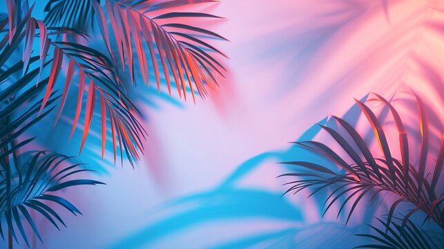 Neon tropical palm leaves shadow on white background