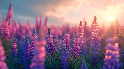 A field of wild lupines stretching to the horizon, their violet and blue hues creating a carpet of color beneath a clear sky. 