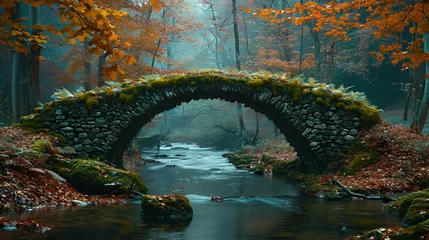 Foto op Aluminium A moss-covered bridge spanning a serene river, surrounded by vibrant autumn foliage, creating a scene straight from a fairytale. © AI By Ibraheem