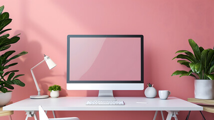 home office with pink wall background, minimalist workspace, computer monitor on workspace desk
