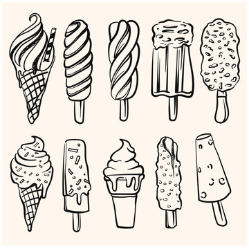 Set of doodles drawn with various types of ice cream, illustrations with doodle style and cream background