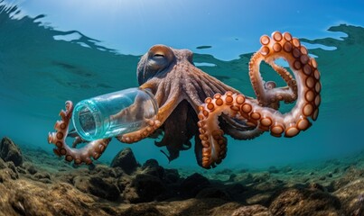An Octopus Enjoying a Refreshing Beverage Underwater - obrazy, fototapety, plakaty
