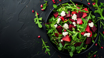 Top down view of a plate with beet and goat cheese salad with arugula on a black texture background