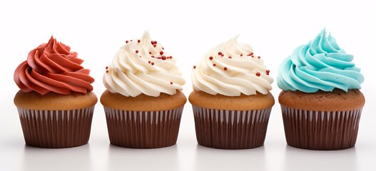 four cupcakes with colored frosting on a white background